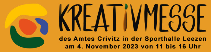 Banner Kreativmesse Text: Kreativmesse des Amtes Crivitz in der Sporthalle Leezen am 4. November 2023 von 11 - 16 Uhr
